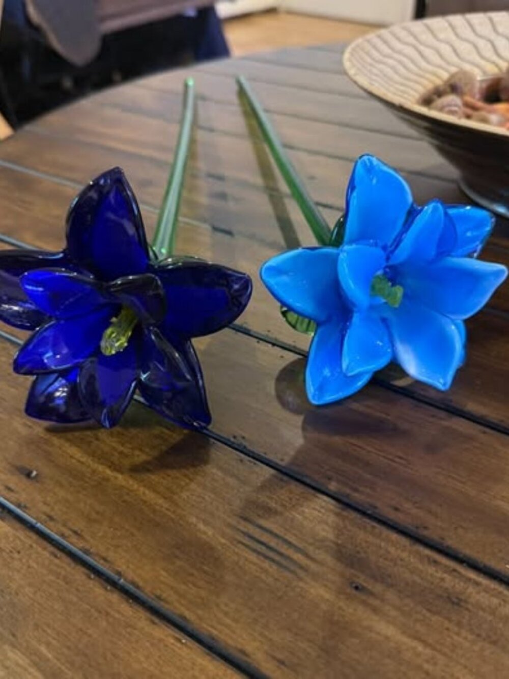 Hand Blown Glass Flowers Light & Dark Blue with Green Stems 19" Art Floral Decor